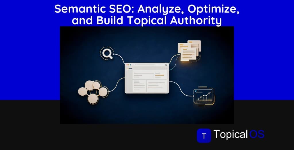 Semantic SEO: analyze, optimize, and build topical authority — banner with hub-and-spoke illustration