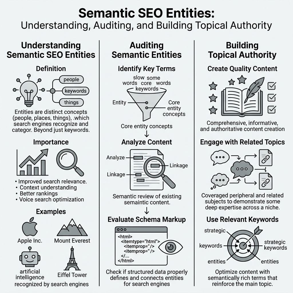 Semantic SEO entities guide banner : understanding, auditing, and building topical authority (Topical OS)