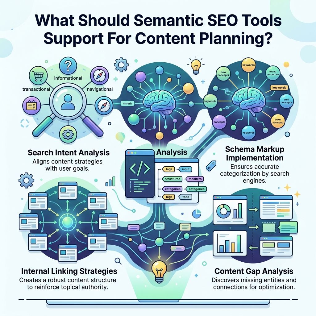 Infographic: what semantic SEO tools should support for content planning : intent, internal linking, schema, and gap analysis