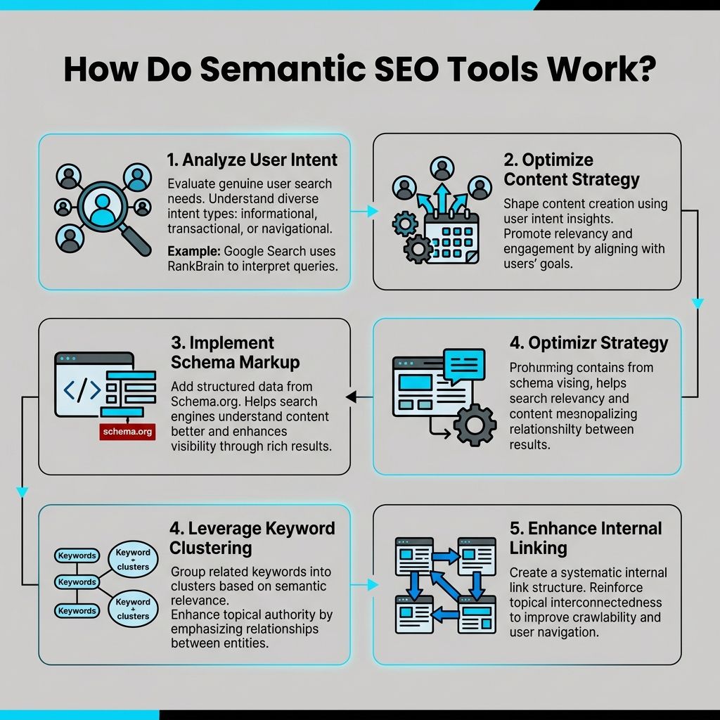 Infographic: how semantic SEO tools work : intent analysis, schema markup, clustering, and internal linking