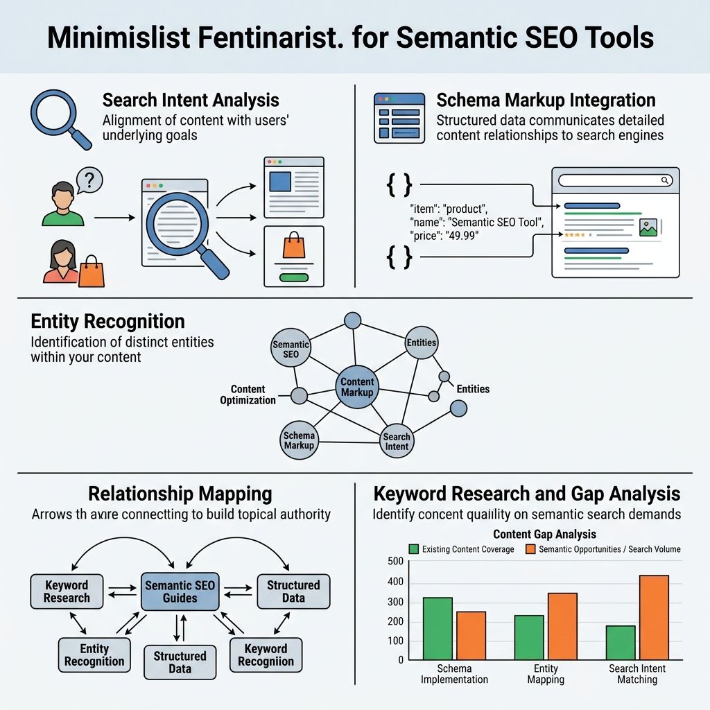 Infographic: what semantic SEO tools should support for optimization : intent, schema, entities, and relationships