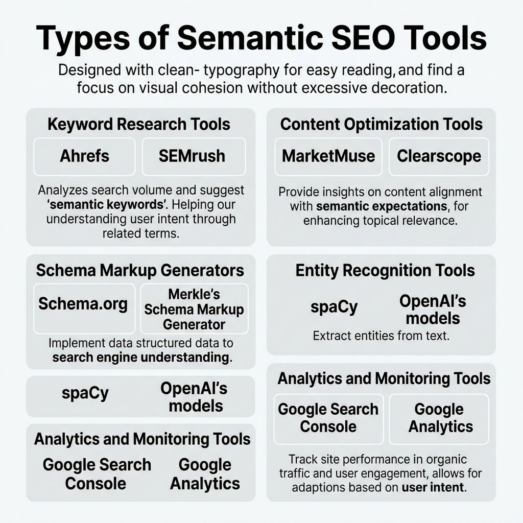 Infographic: types of semantic SEO tools : keyword research, content optimization, schema markup, entities, and analytics