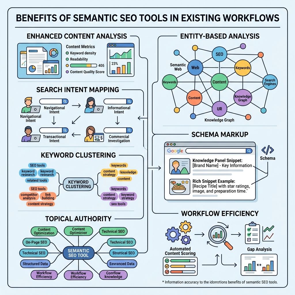 Infographic: benefits of semantic SEO tools in existing workflows : analysis, intent mapping, clustering, schema, and efficiency
